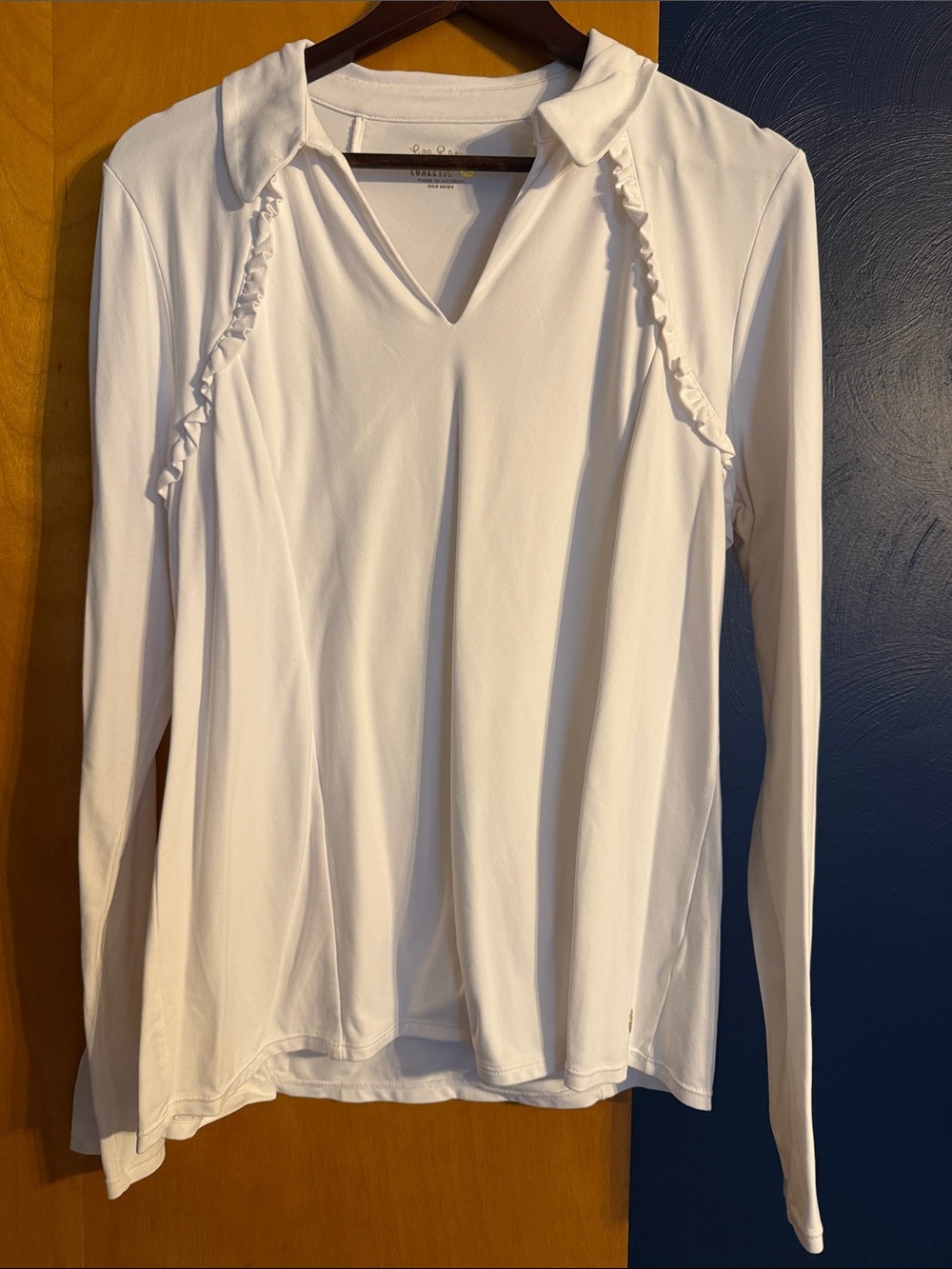 Lilly Pulitzer White Long-Sleeve V-Neck Ruffle Polo Top